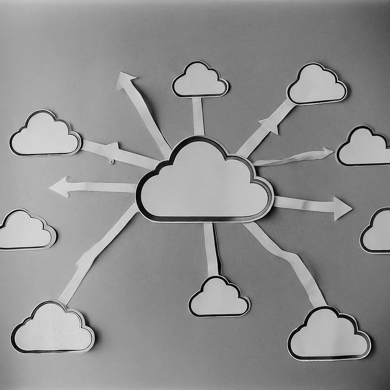 A network of cloud icons connected by data flow arrows. 35mm stock photo